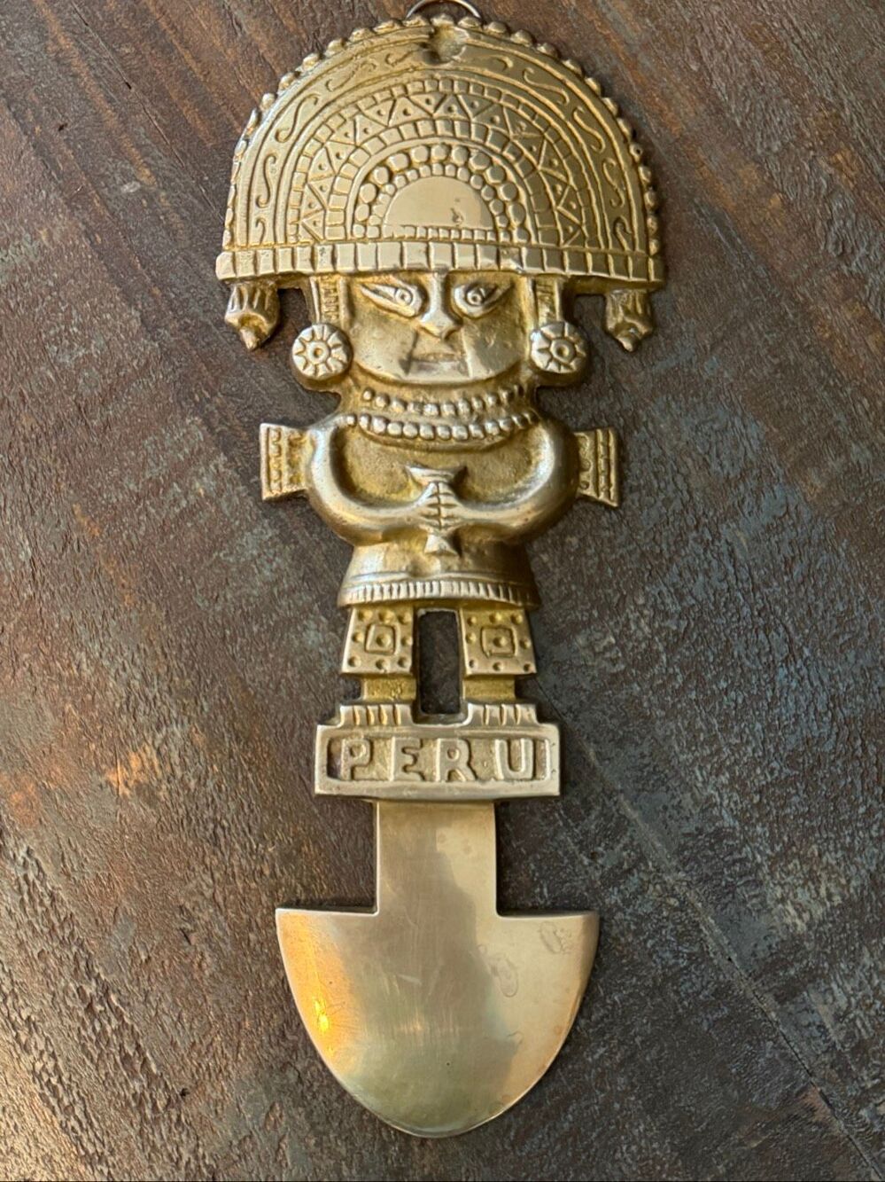Vintage Gold Brass Peruvian Tumi Inca Deity Ceremonial Blade Wall Art 10.25”